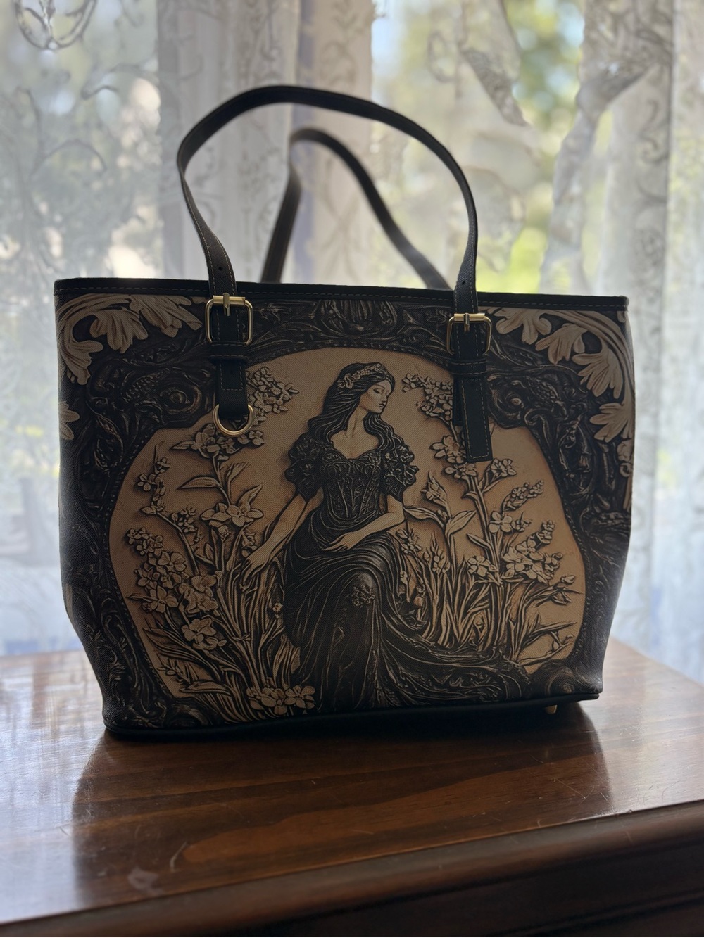 Gothic Victorian Artisan Floral Medallion Tote Bag in Brown and Black